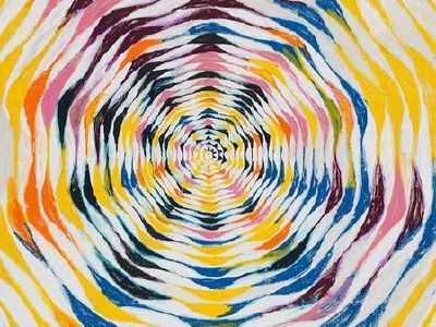 The cryptic painting has multiple circles going through different layers and has a lot of colors.